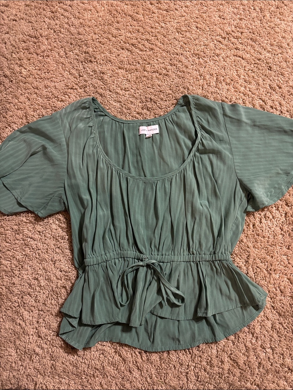 Lost + Wander Dusty Sage Peplum Tie-Waist Flutter Sleeve Blouse